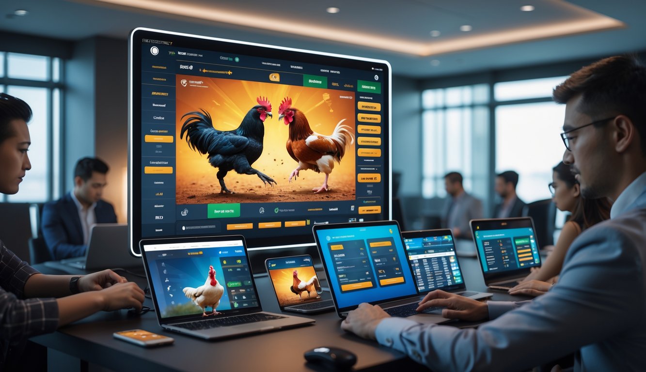 Suasana arena sabung ayam online modern dengan layar digital besar menampilkan pertandingan ayam jago dan orang-orang menggunakan perangkat elektronik untuk taruhan langsung.