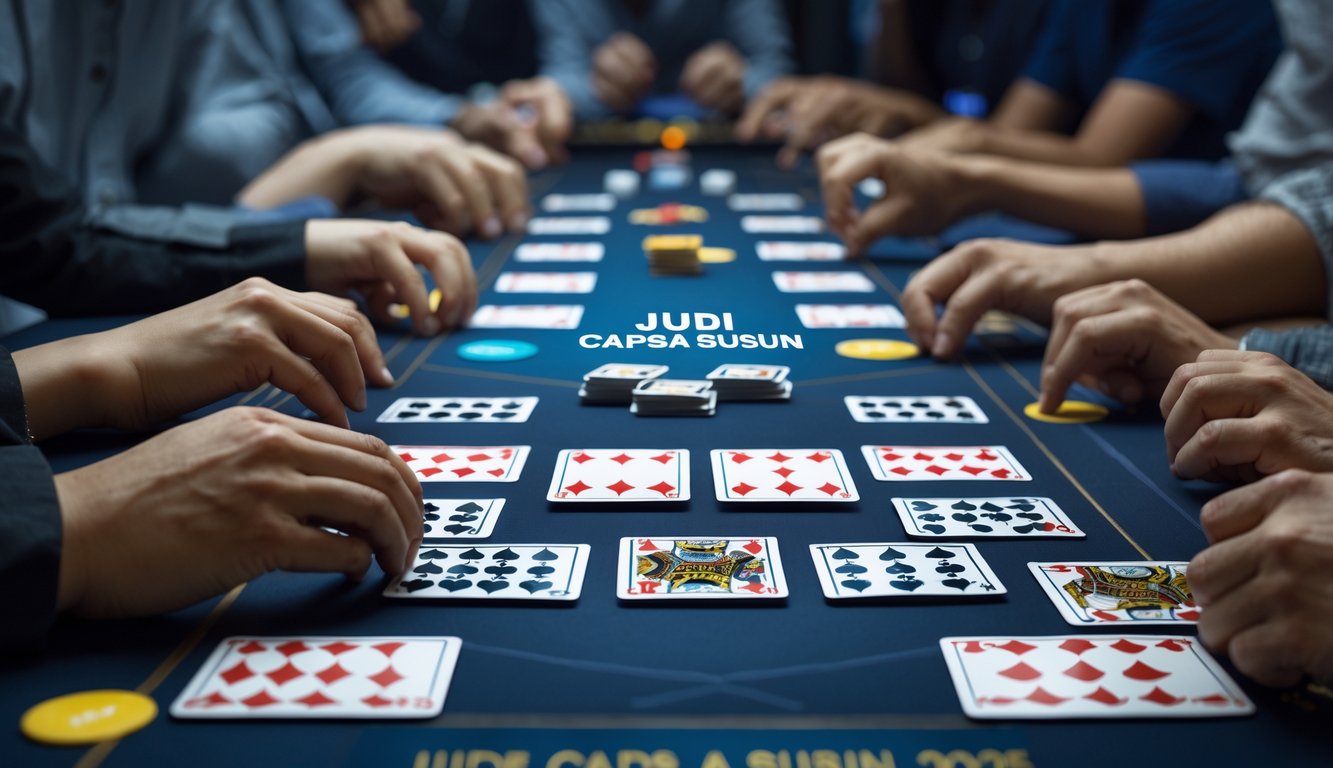 Meja permainan dengan kartu yang tersusun rapi dan beberapa tangan pemain sedang bermain kartu.