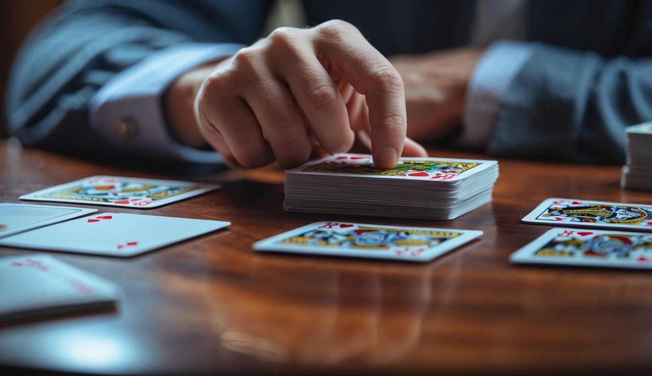 Tangan sedang menyusun kartu remi dengan rapi di atas meja kayu.