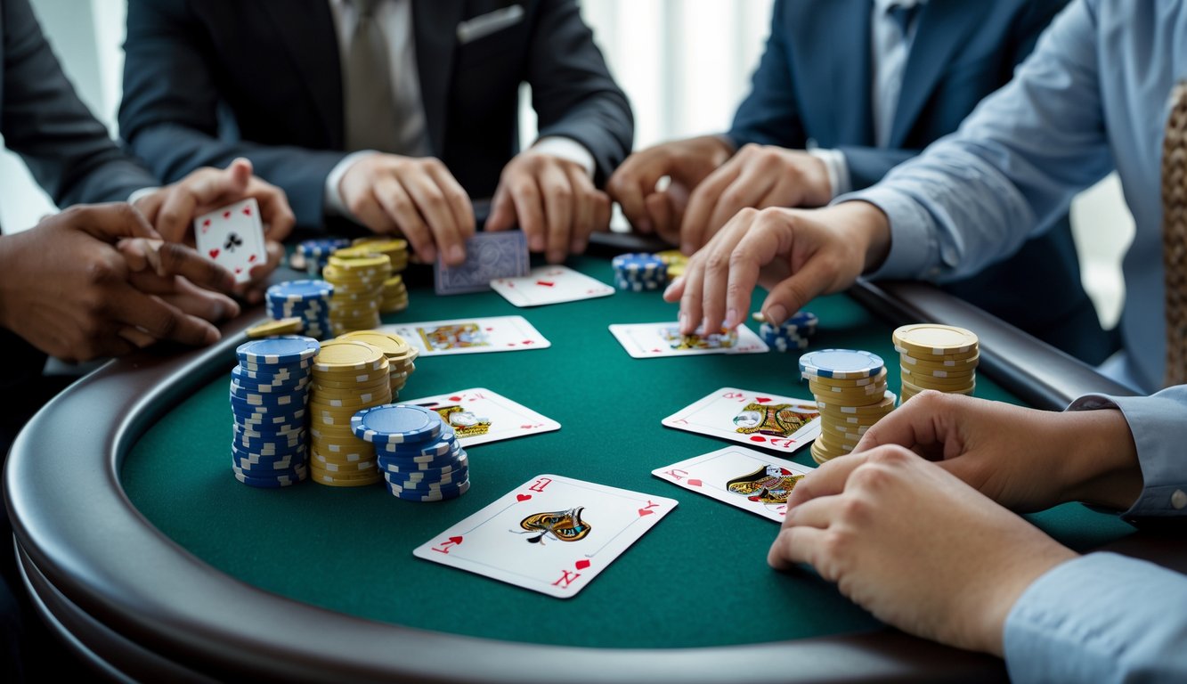 Meja permainan kartu dengan beberapa tangan pemain yang sedang mengatur kartu dan chip poker.