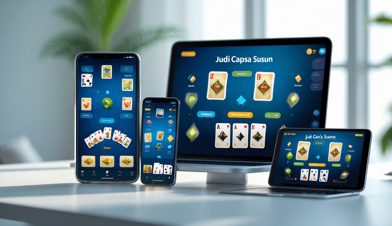 Beberapa perangkat seperti ponsel, tablet, dan laptop menampilkan permainan kartu digital di atas meja dengan pencahayaan alami.