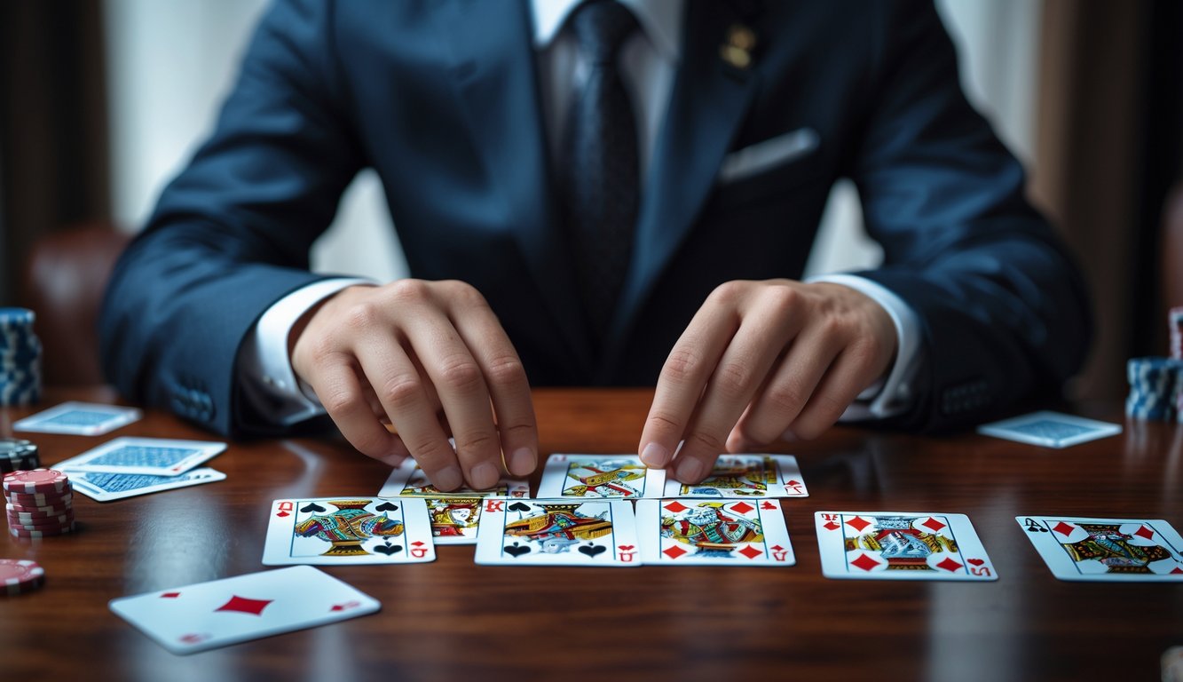 Seorang pemain kartu sedang menyusun kartu dengan fokus di atas meja kayu yang rapi.