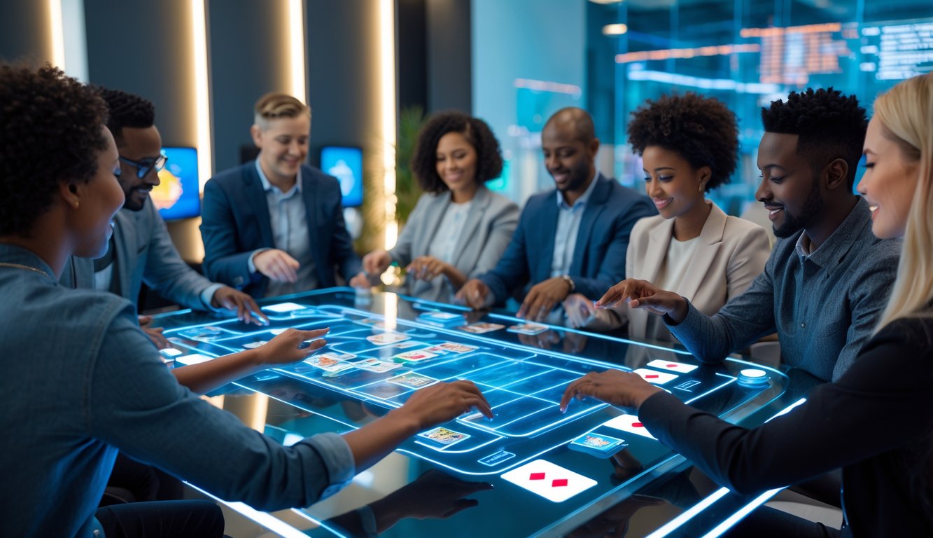 Beberapa orang sedang bermain permainan kartu strategi secara online menggunakan layar sentuh besar di ruangan modern dengan pencahayaan futuristik.