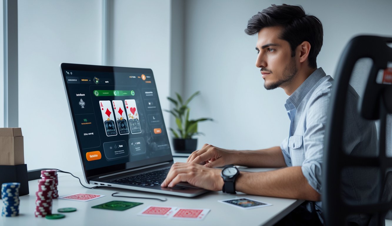 Seorang pemain muda fokus bermain permainan kartu online di depan laptop di meja kerja yang rapi.