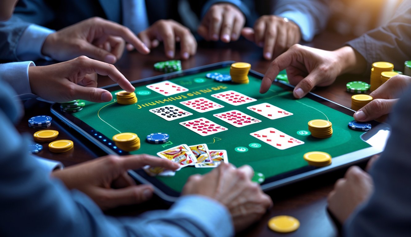 Pemain menggunakan perangkat modern untuk bermain judi capsa online dengan kartu dan chip di meja virtual.