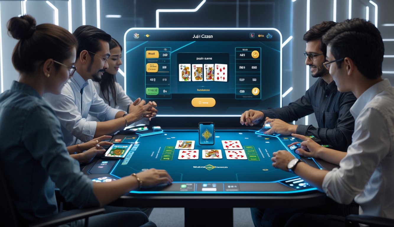 Beberapa orang bermain permainan kartu Judi Capsa secara online dengan antarmuka digital interaktif di layar mereka.