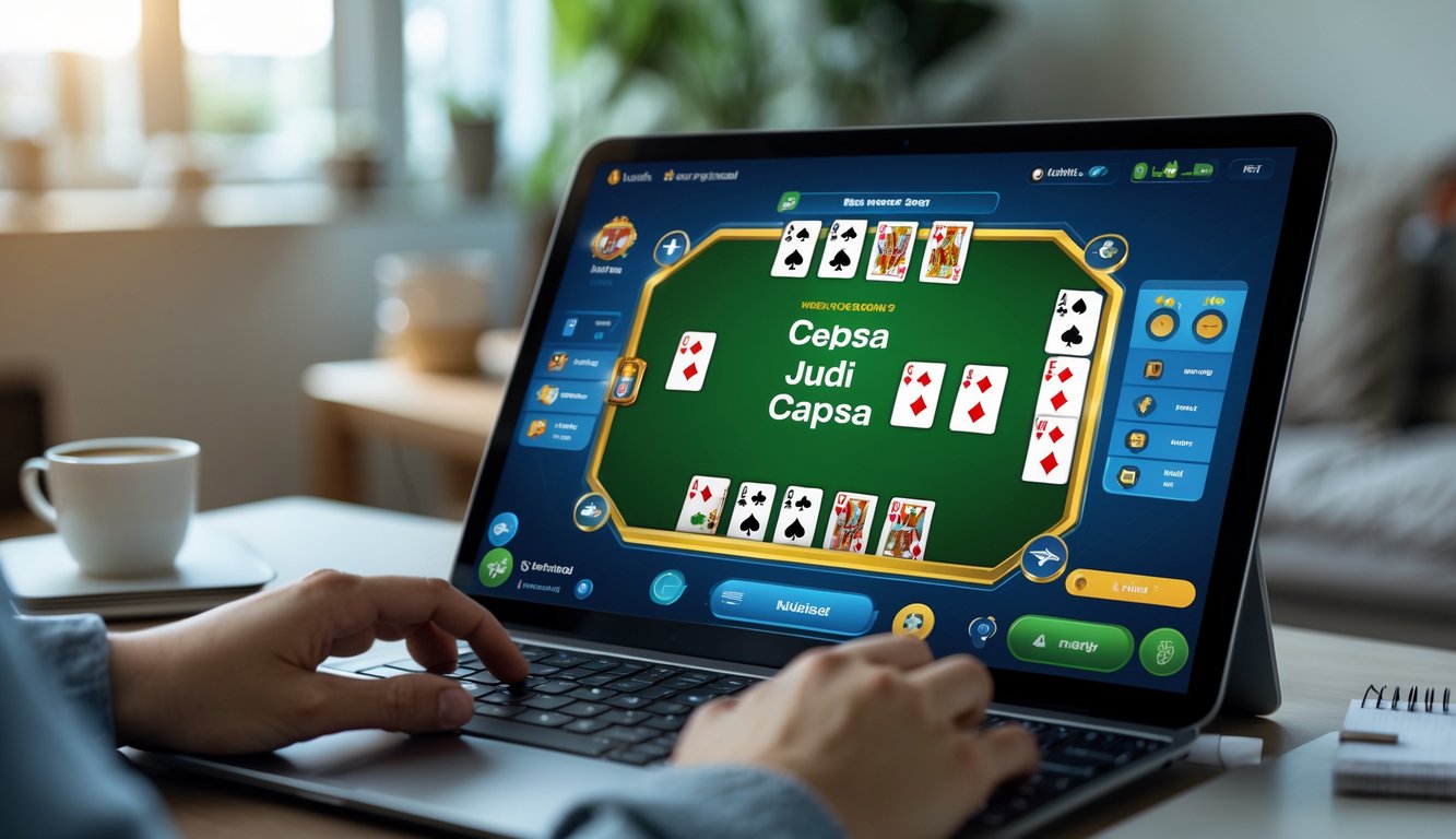 Seorang pemain sedang bermain permainan kartu Judi Capsa secara online di perangkat digital di lingkungan rumah yang nyaman.