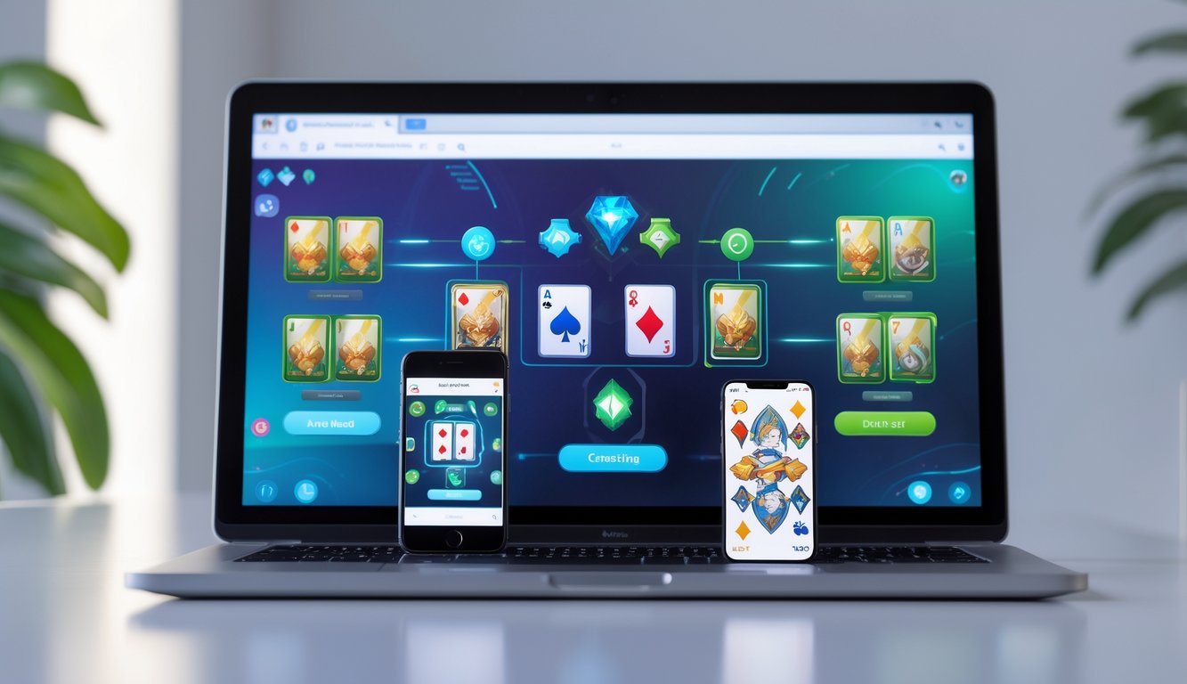 Beberapa perangkat seperti ponsel, tablet, dan laptop menampilkan permainan kartu online yang halus dan responsif.