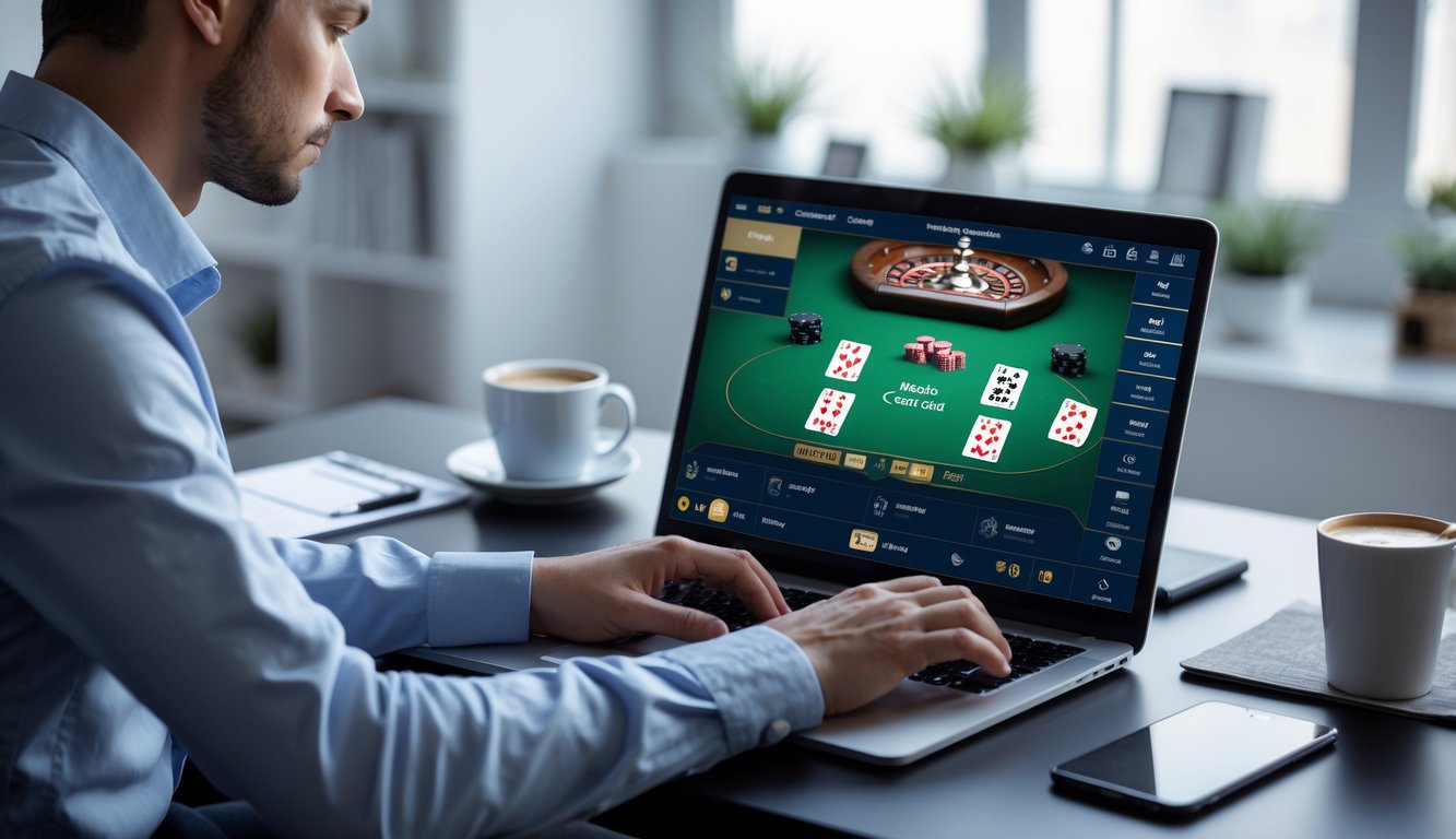 Seseorang duduk di depan laptop memainkan permainan kartu online dengan fokus dan serius di meja kerja yang rapi.