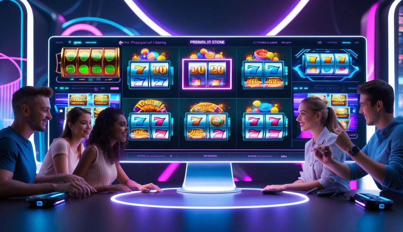 Beberapa orang sedang bermain permainan slot online di perangkat digital dalam suasana modern dan futuristik.