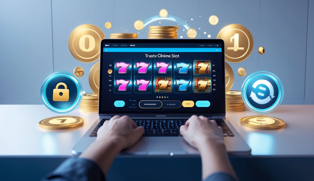 Seorang pengguna sedang bermain slot online di laptop di meja kerja yang rapi dan modern.