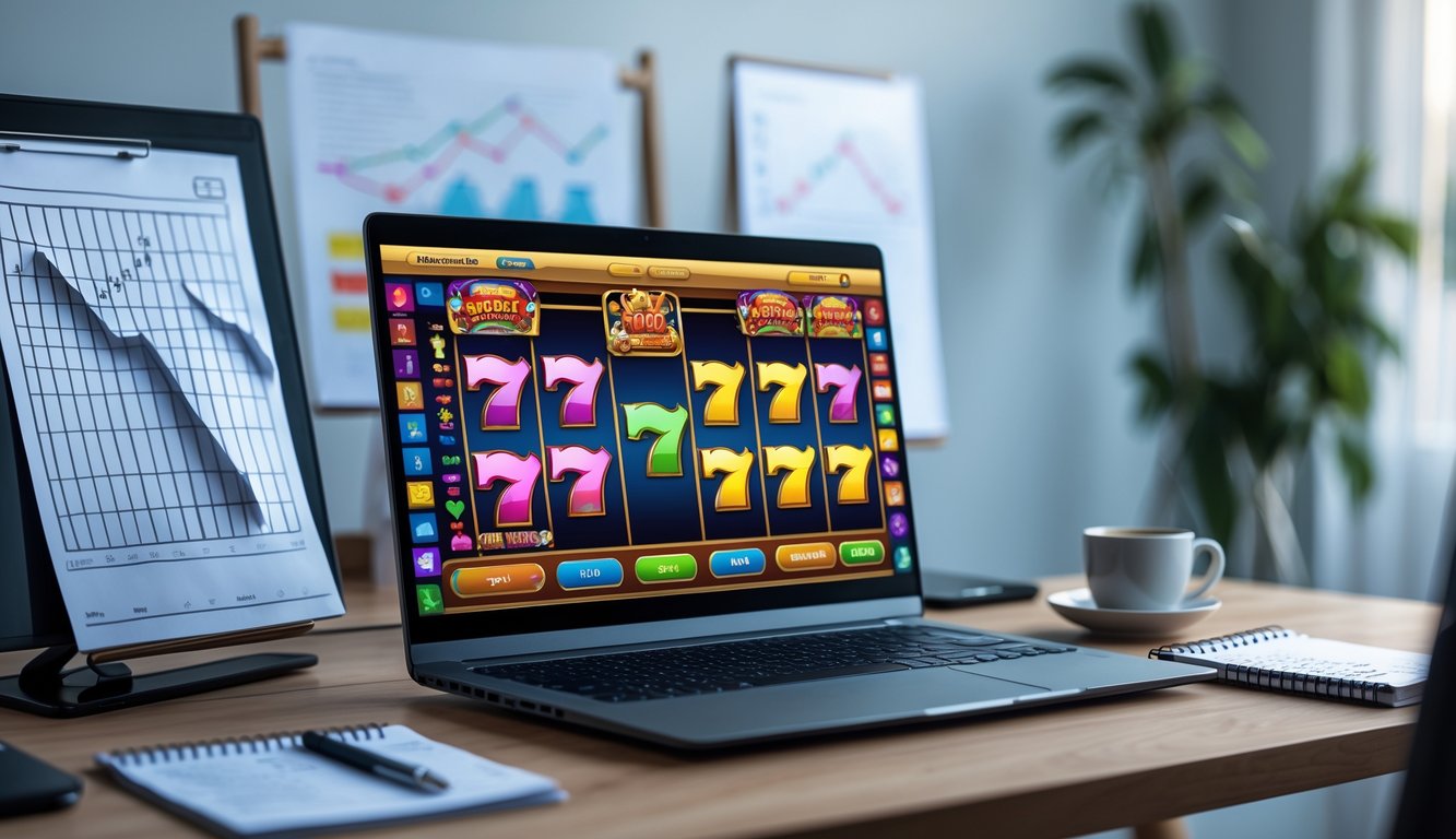 Sebuah laptop menampilkan permainan slot online dengan grafik berwarna cerah, dikelilingi catatan dan grafik yang menunjukkan strategi kemenangan, di sebuah ruang kerja yang rapi dan terang.