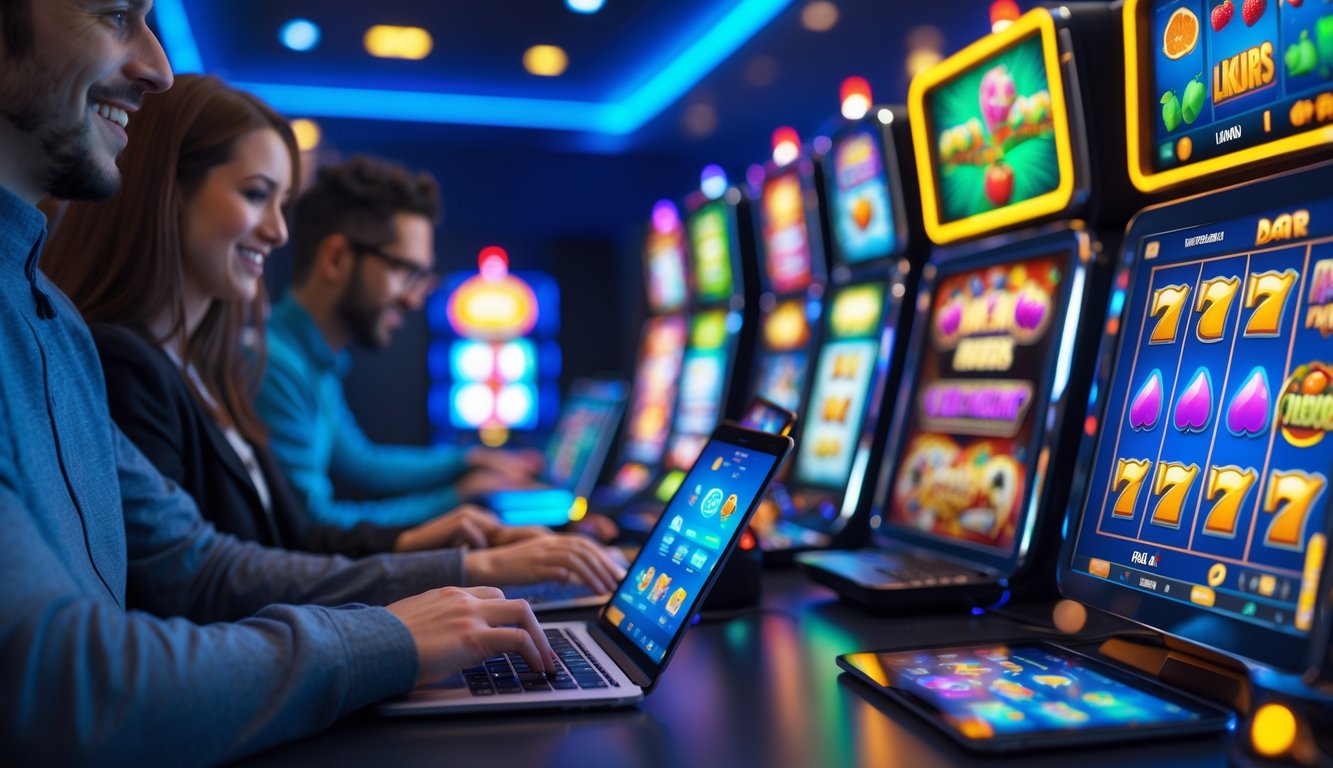 Beberapa orang menggunakan perangkat digital untuk bermain permainan slot online dengan latar ruangan modern dan pencahayaan cerah.