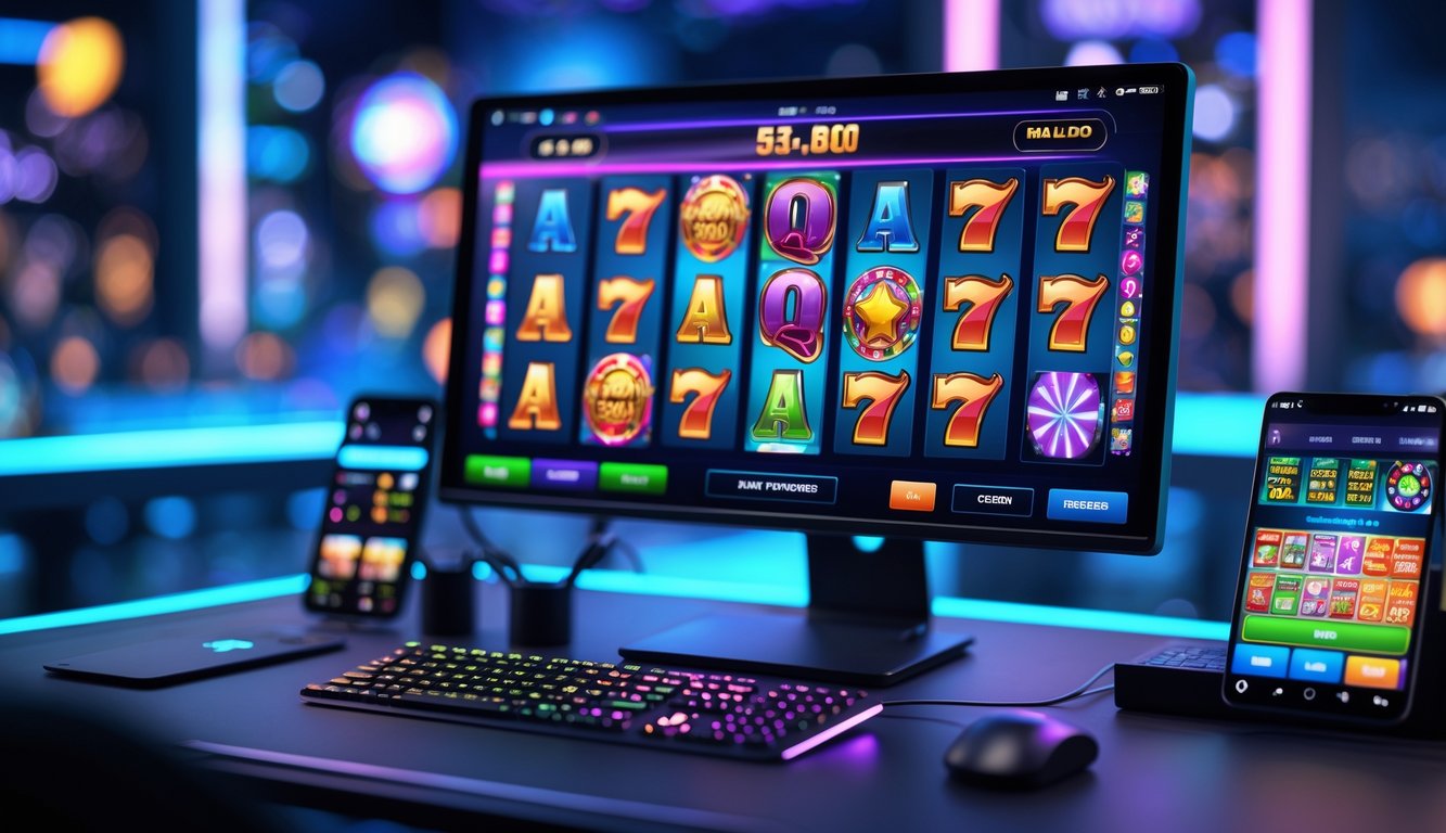 Sebuah meja kerja modern dengan komputer menampilkan permainan slot online yang berwarna-warni dan perangkat gaming di sekitarnya.
