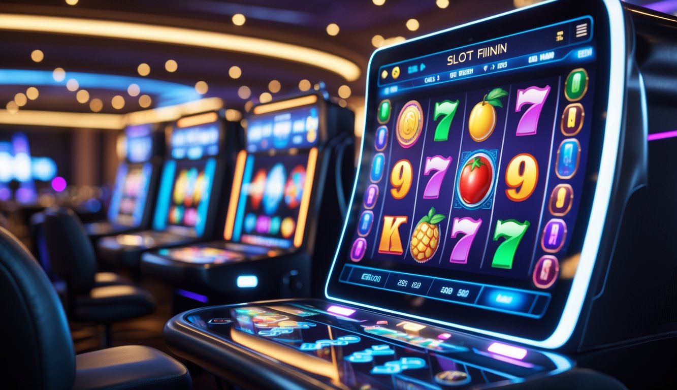 Layar mesin slot digital modern dengan simbol berwarna-warni dan efek cahaya neon di latar kasino gelap.