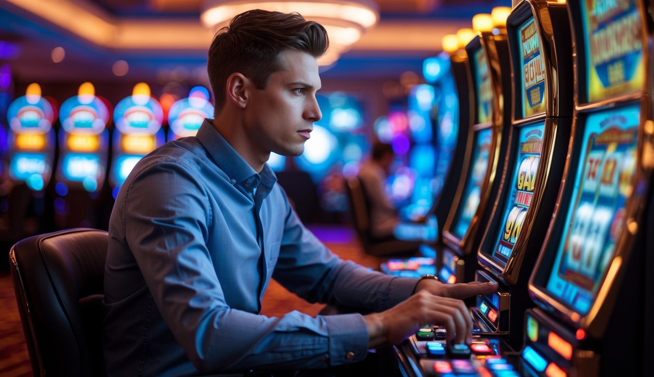 Seorang pria muda fokus bermain mesin slot di kasino dengan pencahayaan cerah dan latar belakang mesin slot lain.