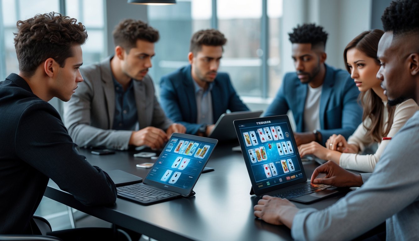 Sekelompok orang muda fokus bermain permainan kartu online menggunakan laptop dan tablet di ruangan modern yang terang.