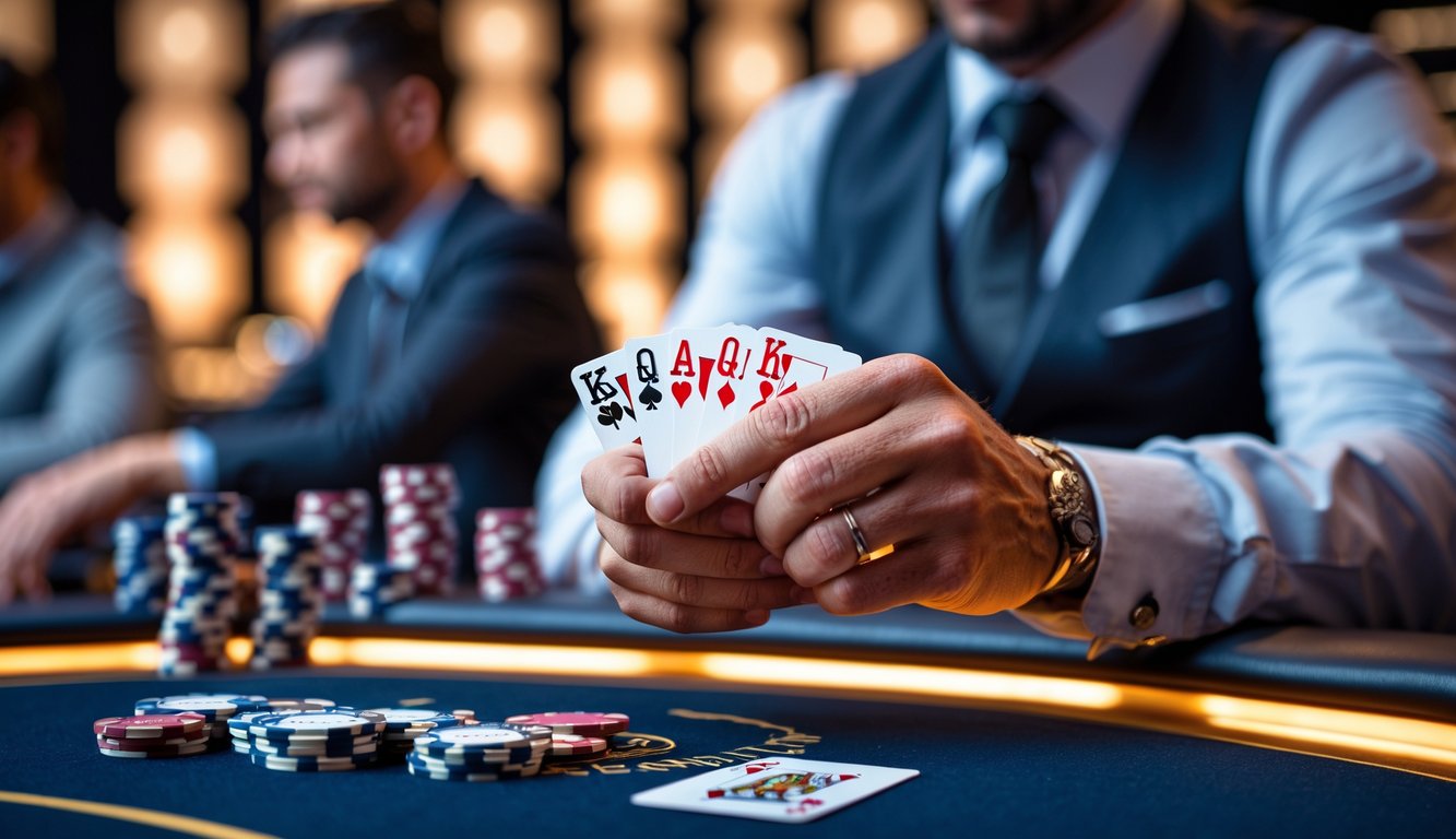 Seorang pemain poker profesional sedang memegang kartu dengan teknik presisi di meja kasino yang mewah.