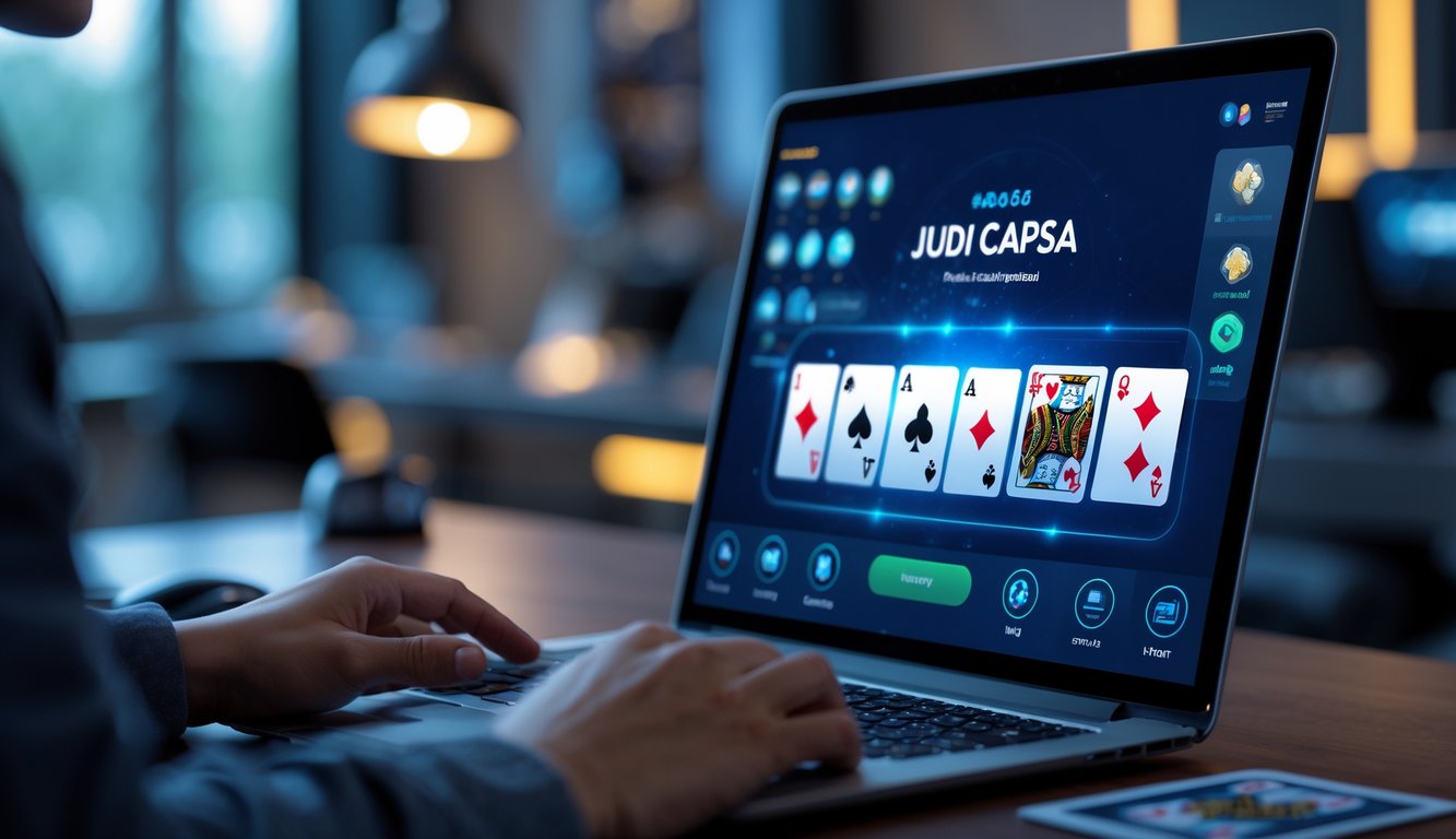 Seorang pemain sedang bermain Judi Capsa online menggunakan laptop di ruang kerja modern dengan kartu yang terlihat di layar.