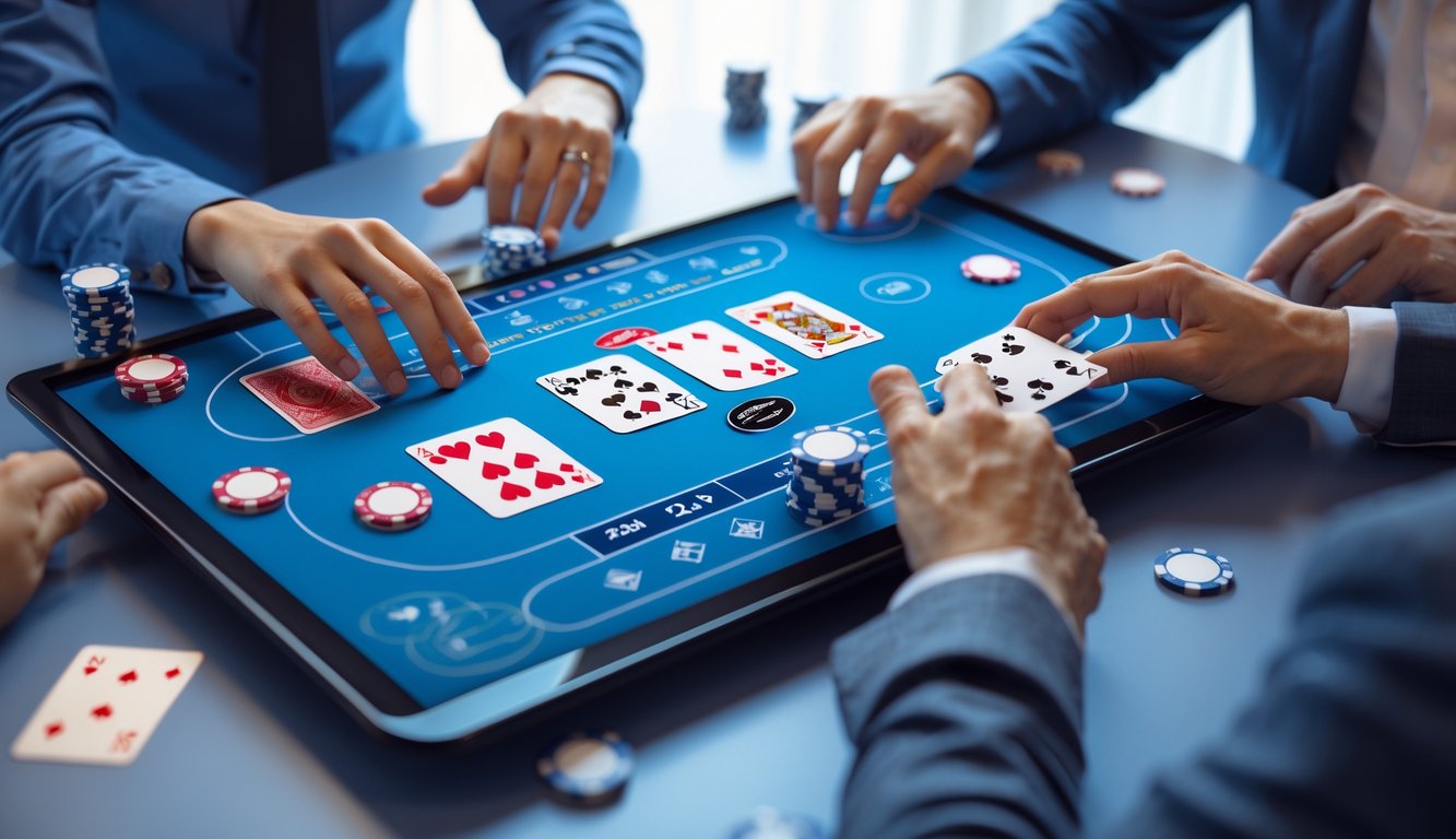 Meja kartu virtual dengan beberapa pemain yang sedang bermain kartu secara online.