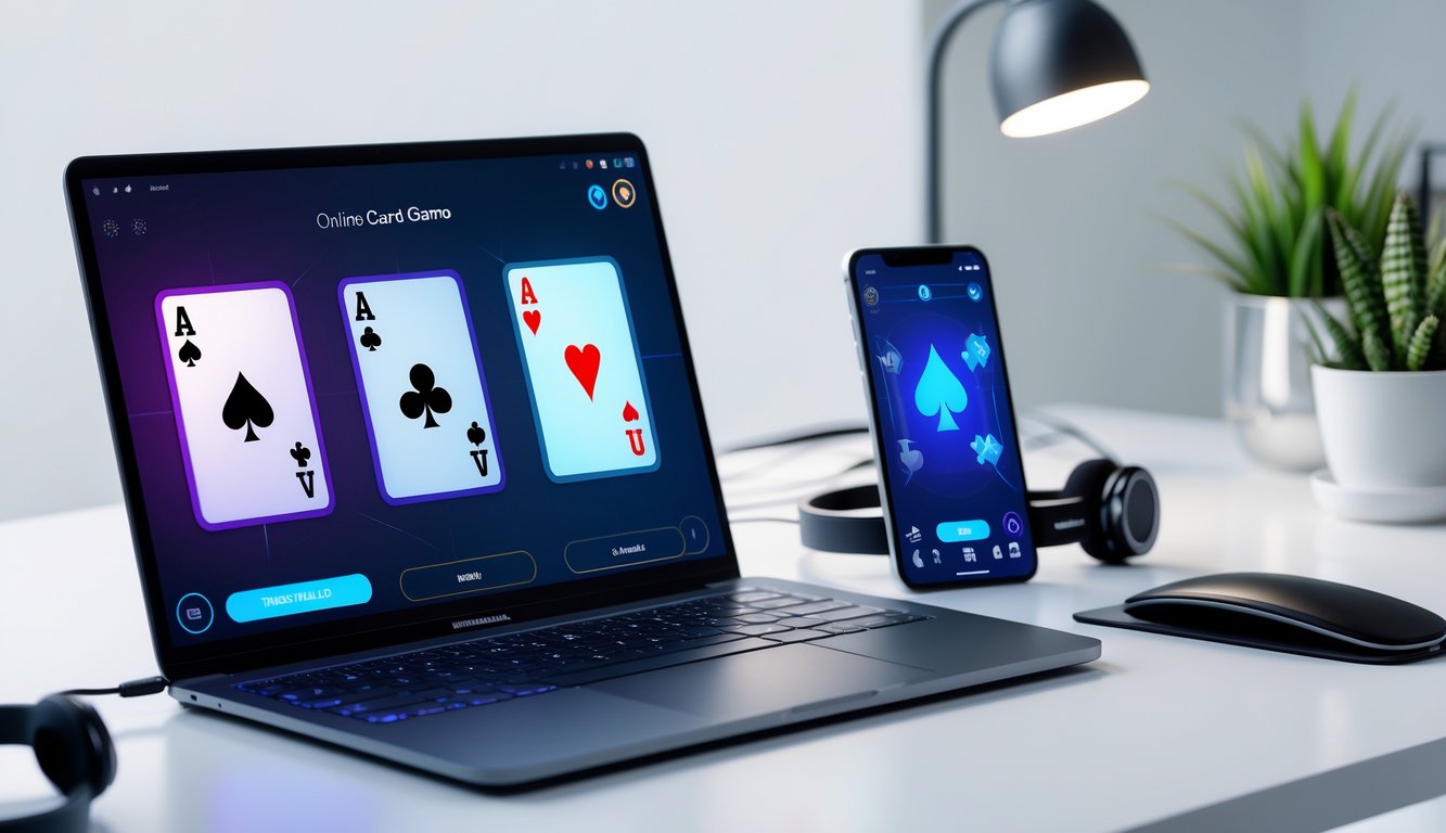 Laptop dan smartphone di atas meja menampilkan permainan kartu online dengan desain modern dan antarmuka yang halus.