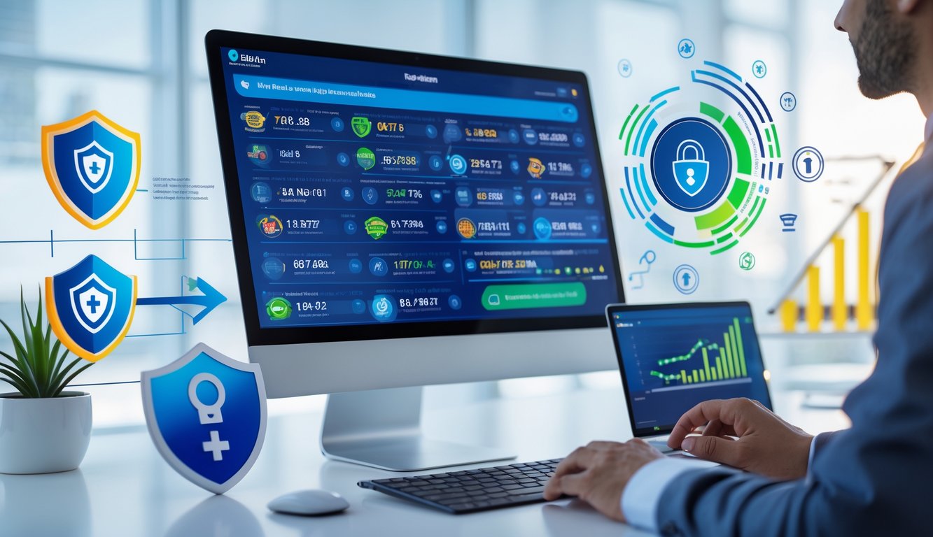 Seorang profesional menggunakan komputer dengan tampilan hasil undian digital real-time dan simbol keamanan di ruang kerja modern.