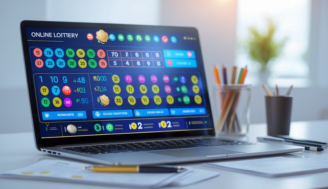 Seseorang sedang menggunakan laptop dengan tampilan situs togel online, dikelilingi catatan dan pena di meja yang rapi.
