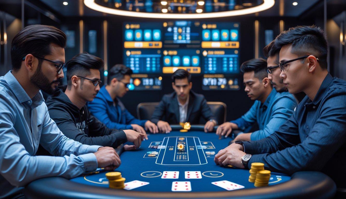 Meja poker modern dengan pemain yang serius sedang bermain kartu dalam suasana kompetitif.