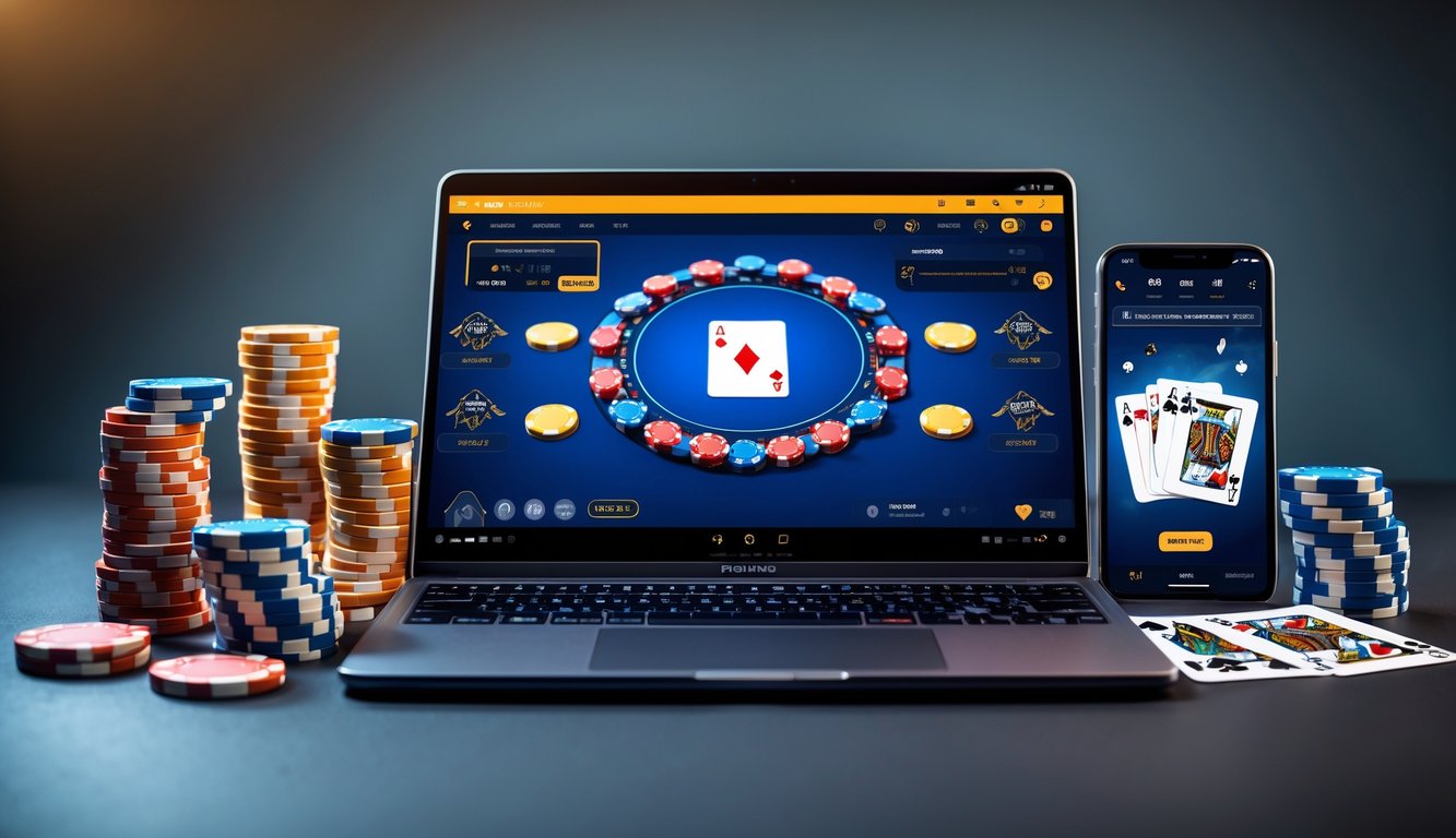 Sebuah laptop dan smartphone menampilkan permainan poker online dengan kartu dan tumpukan chip poker di atas meja.