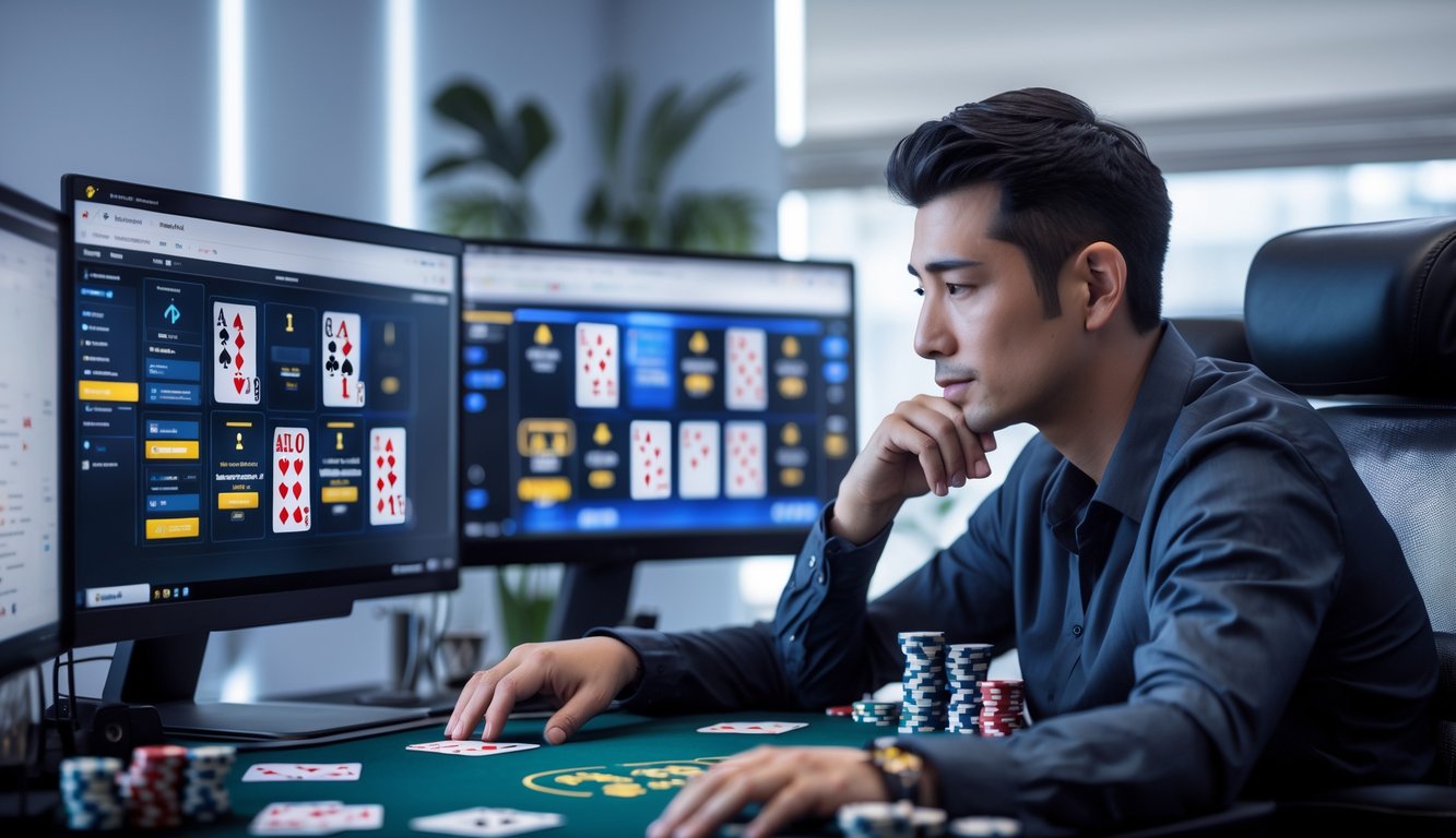 Seorang pemain poker sedang fokus bermain poker online di depan beberapa layar komputer di ruang kerja modern.