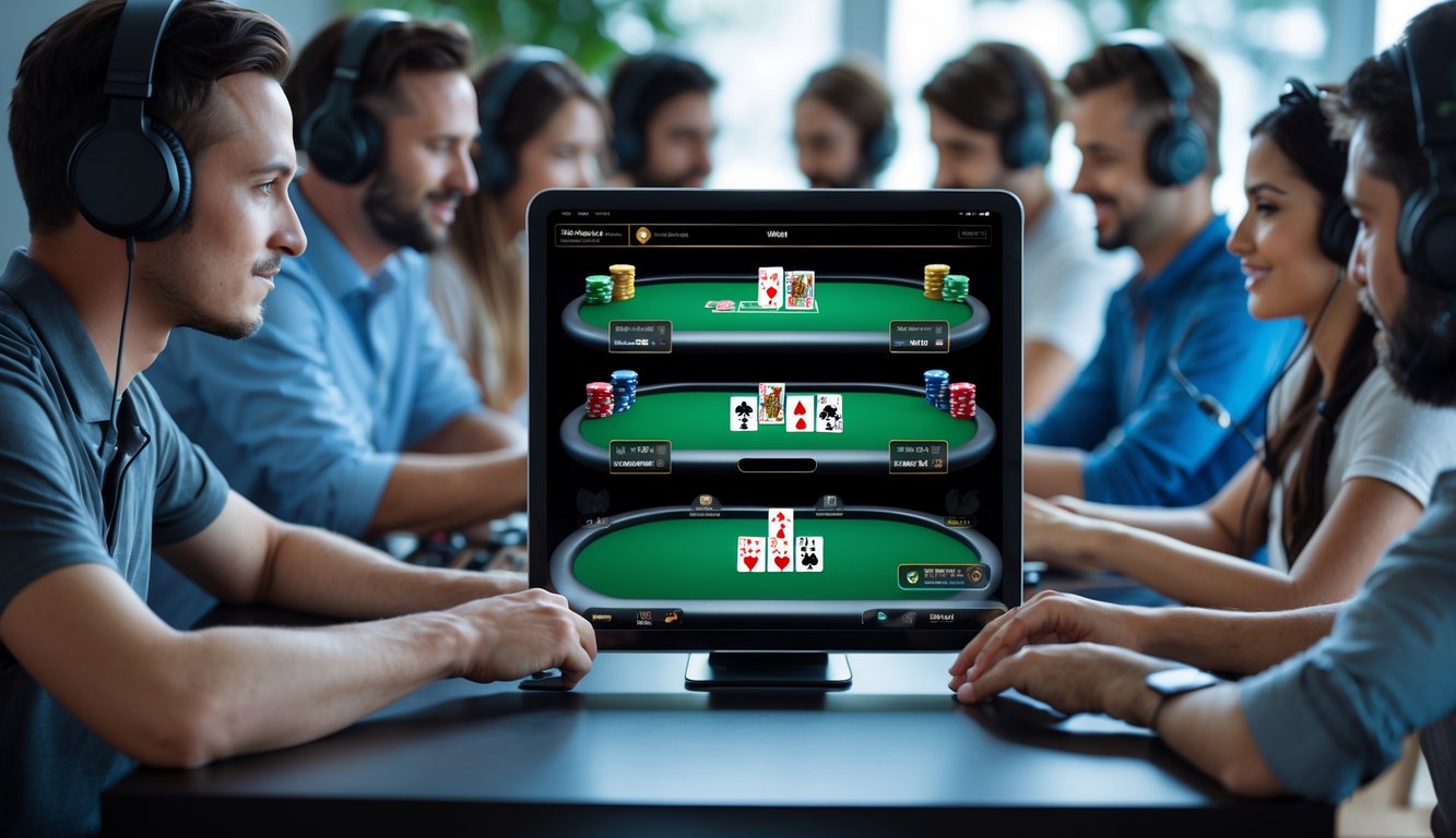 Beberapa orang bermain poker online di depan layar komputer dengan meja poker digital yang terlihat jelas.