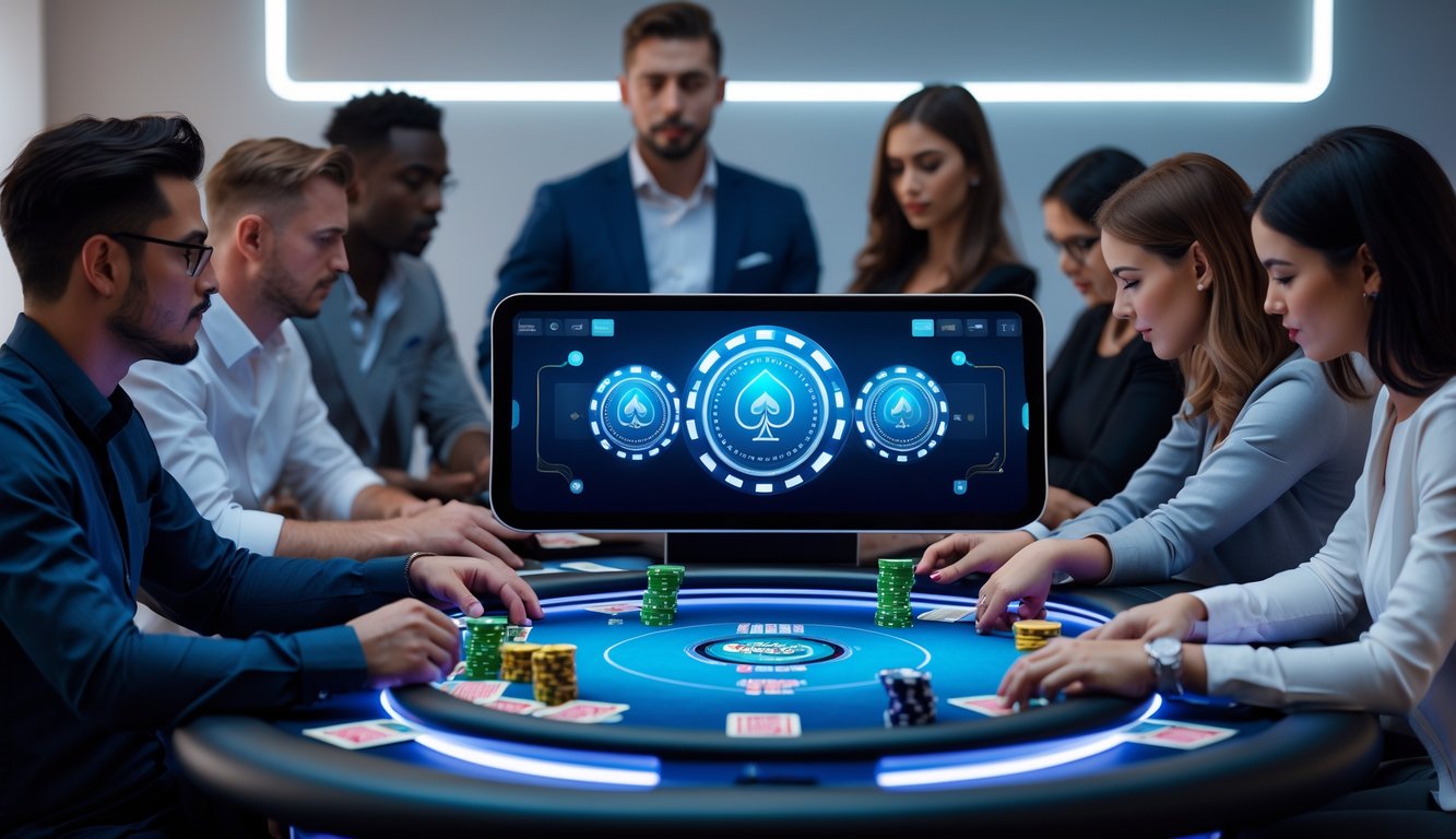 Meja poker digital modern dengan pemain yang fokus di ruangan yang terang dan rapi.