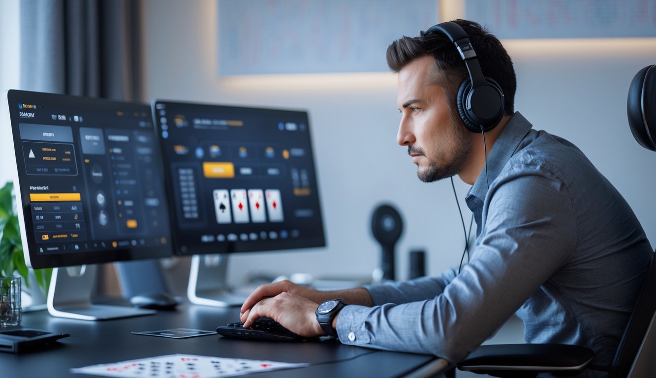 Seorang pemain poker online serius duduk di depan beberapa perangkat digital di ruang kerja modern, fokus pada permainan dengan suasana tenang dan profesional.