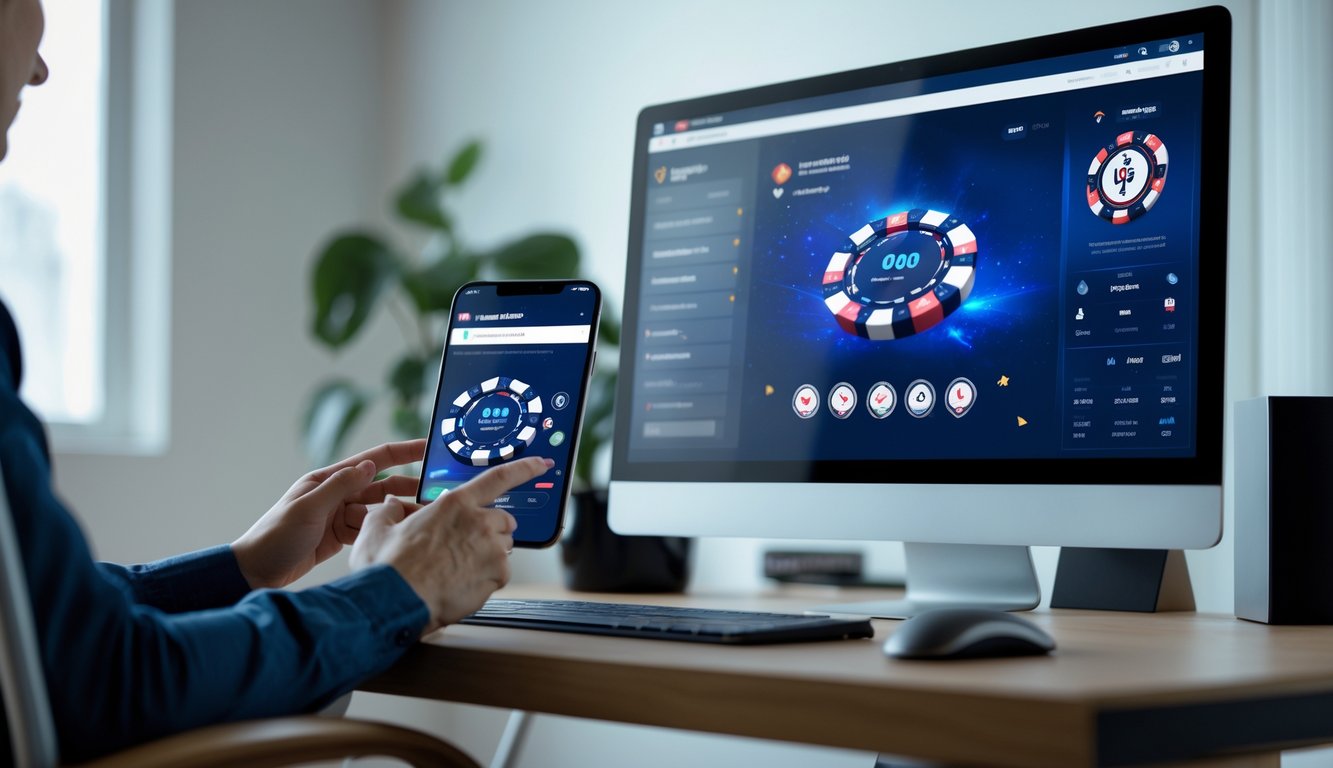 Seseorang menggunakan perangkat digital untuk bermain poker online di meja kerja yang rapi dan terang.