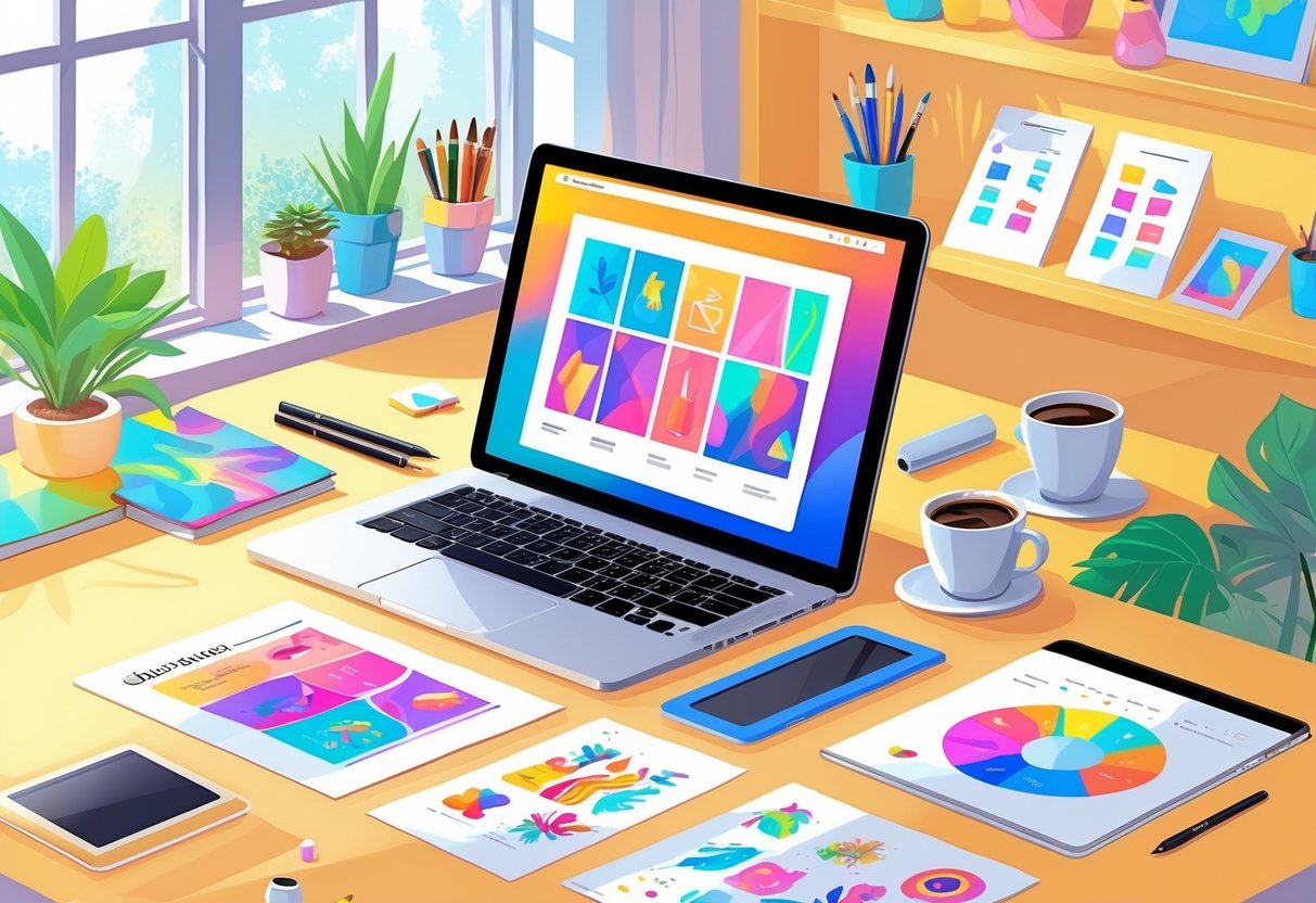 A home office desk with a laptop showing digital art, printed templates, a drawing tablet, art supplies, and a cup of coffee near a window.