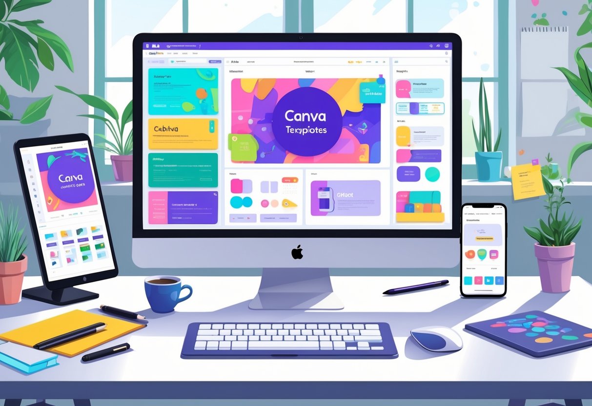 A creative workspace with a computer, tablet, and smartphone showing digital art and templates, surrounded by art supplies and plants.