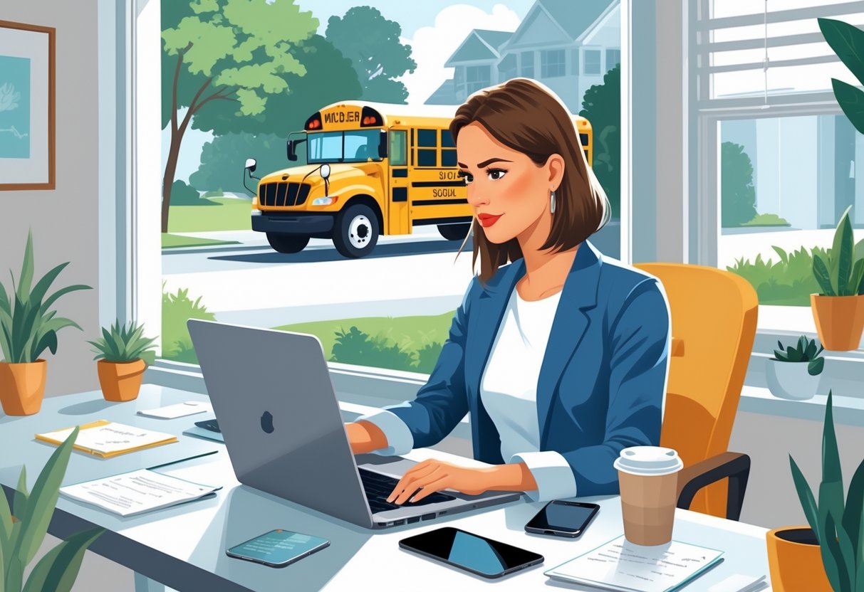 A woman working on a laptop at a home desk during school hours with a school bus visible outside the window.