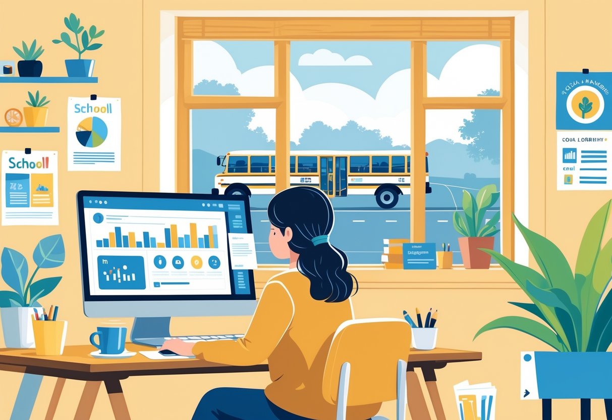 Person working on a laptop in a home office with a window showing a school bus outside.