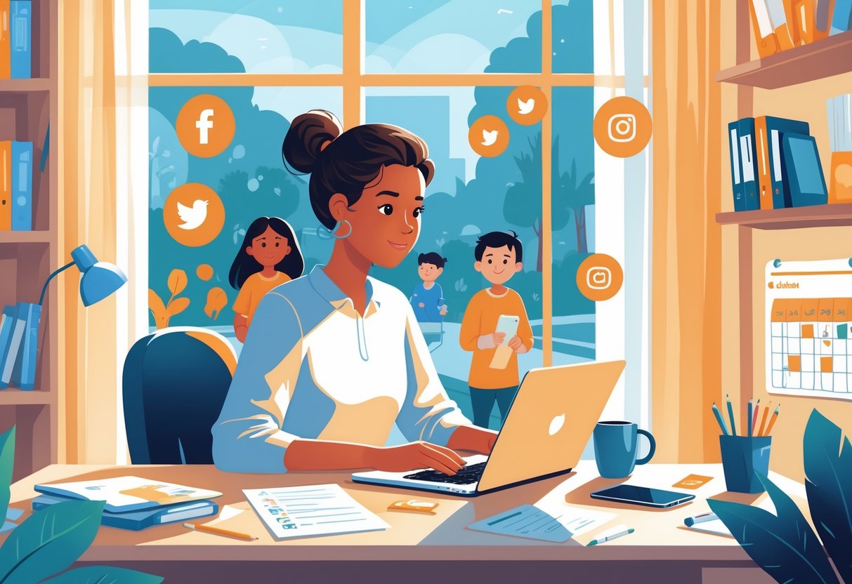 A person working on a laptop at home with children playing outside through a window, surrounded by work materials and social media icons.