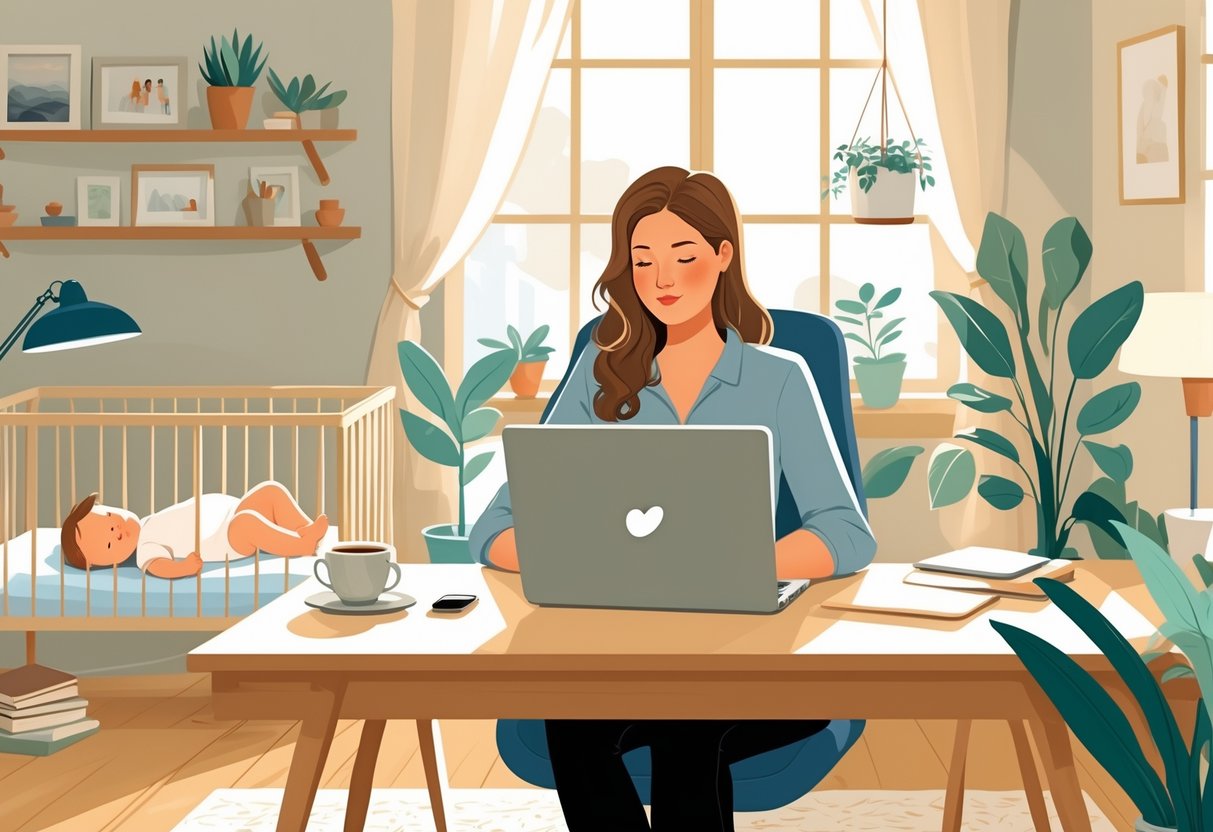 A mom working on a laptop at home while her baby sleeps peacefully in a crib nearby.