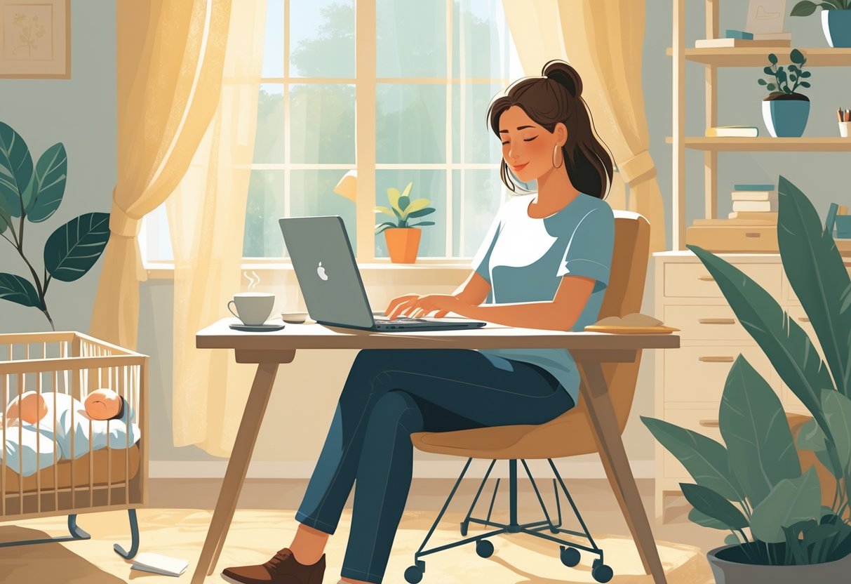 A mother working on a laptop at home while her baby sleeps peacefully in a nearby crib.