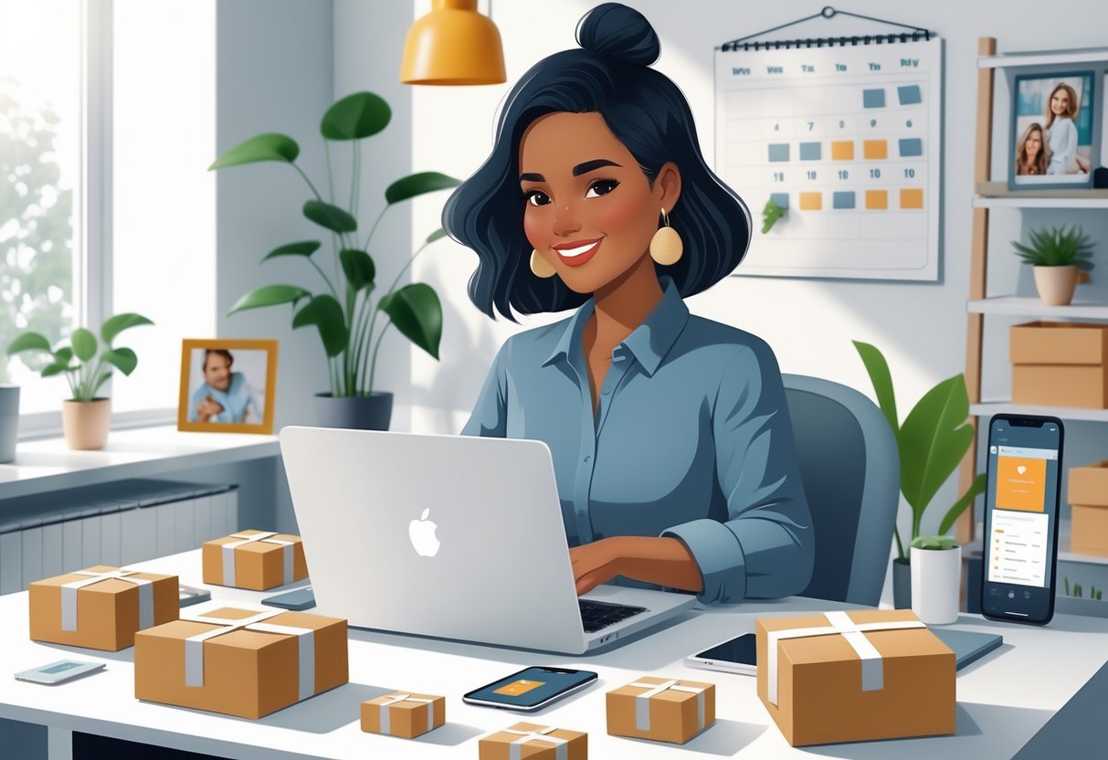 A mom working at a desk with a laptop and shipping boxes in a home office, balancing work and family life.