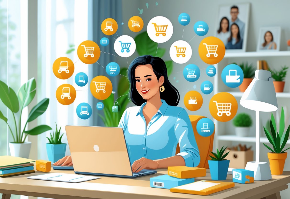 A mom working on a laptop in a home office surrounded by e-commerce icons and packages.