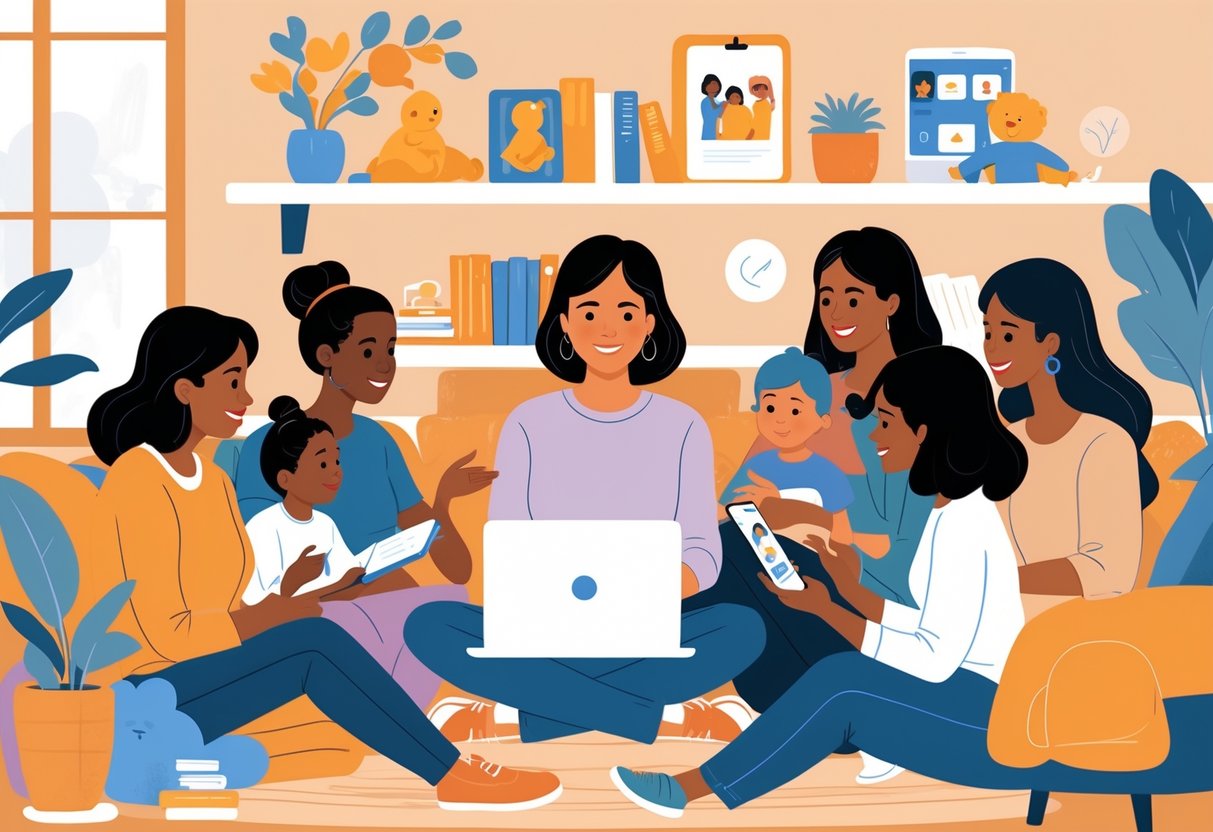 A group of moms gathered at home participating in an online parenting course, with one mom teaching and others listening and taking notes.