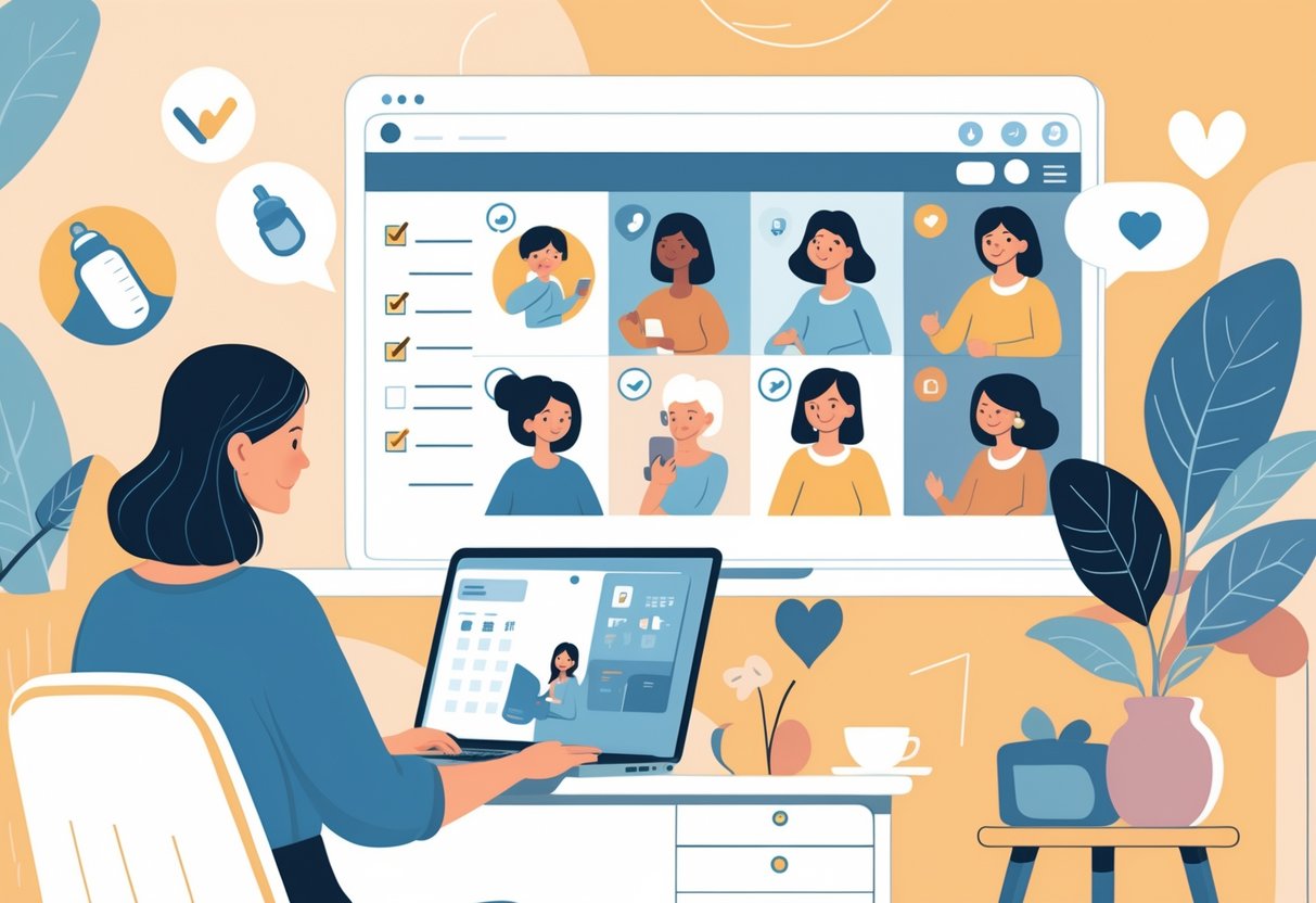 A mother sitting at a desk using a laptop to participate in an online parenting skills course with other mothers visible on the screen.