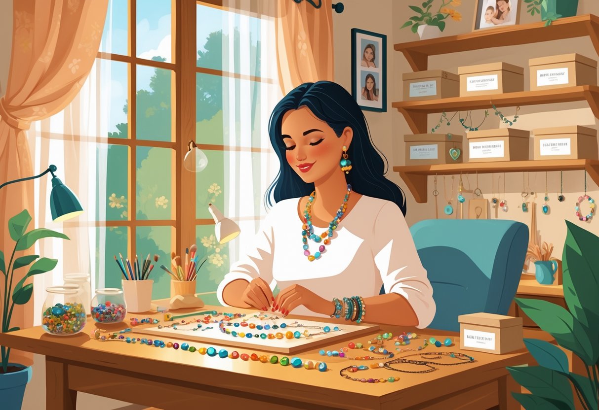 A woman making handmade jewelry at a desk in a cozy home workspace with jewelry supplies and finished pieces around her.