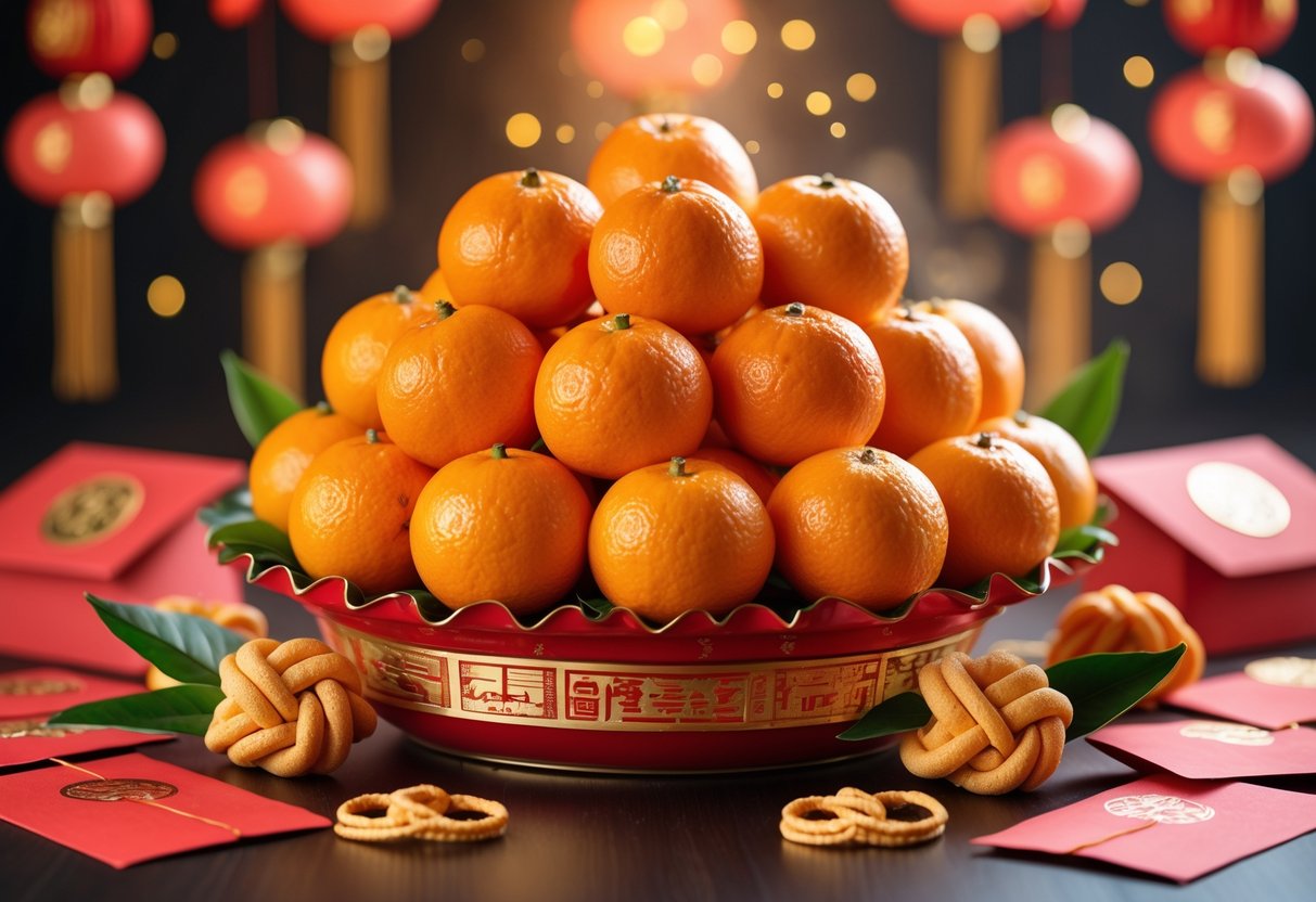 A basket filled with fresh Chinese New Year oranges surrounded by red envelopes and festive decorations.