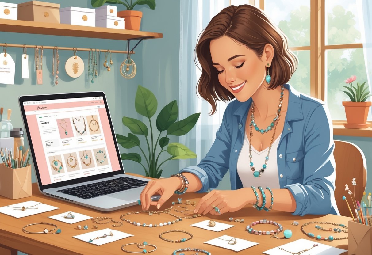 A woman working at a home desk arranging handmade jewelry with crafting tools and a laptop open, surrounded by organized craft supplies in a cozy room.