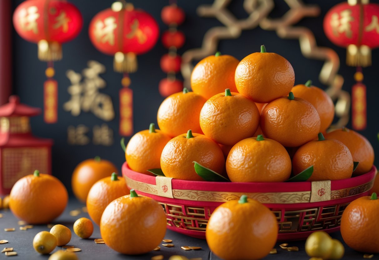 A basket of bright mandarin oranges surrounded by red and gold Chinese New Year decorations.