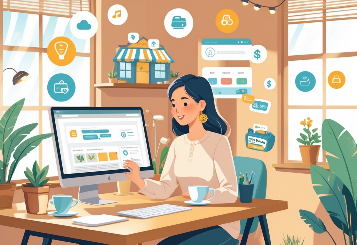 A mom working on her laptop at a tidy home office desk with digital download icons and price tags floating around, representing online selling.